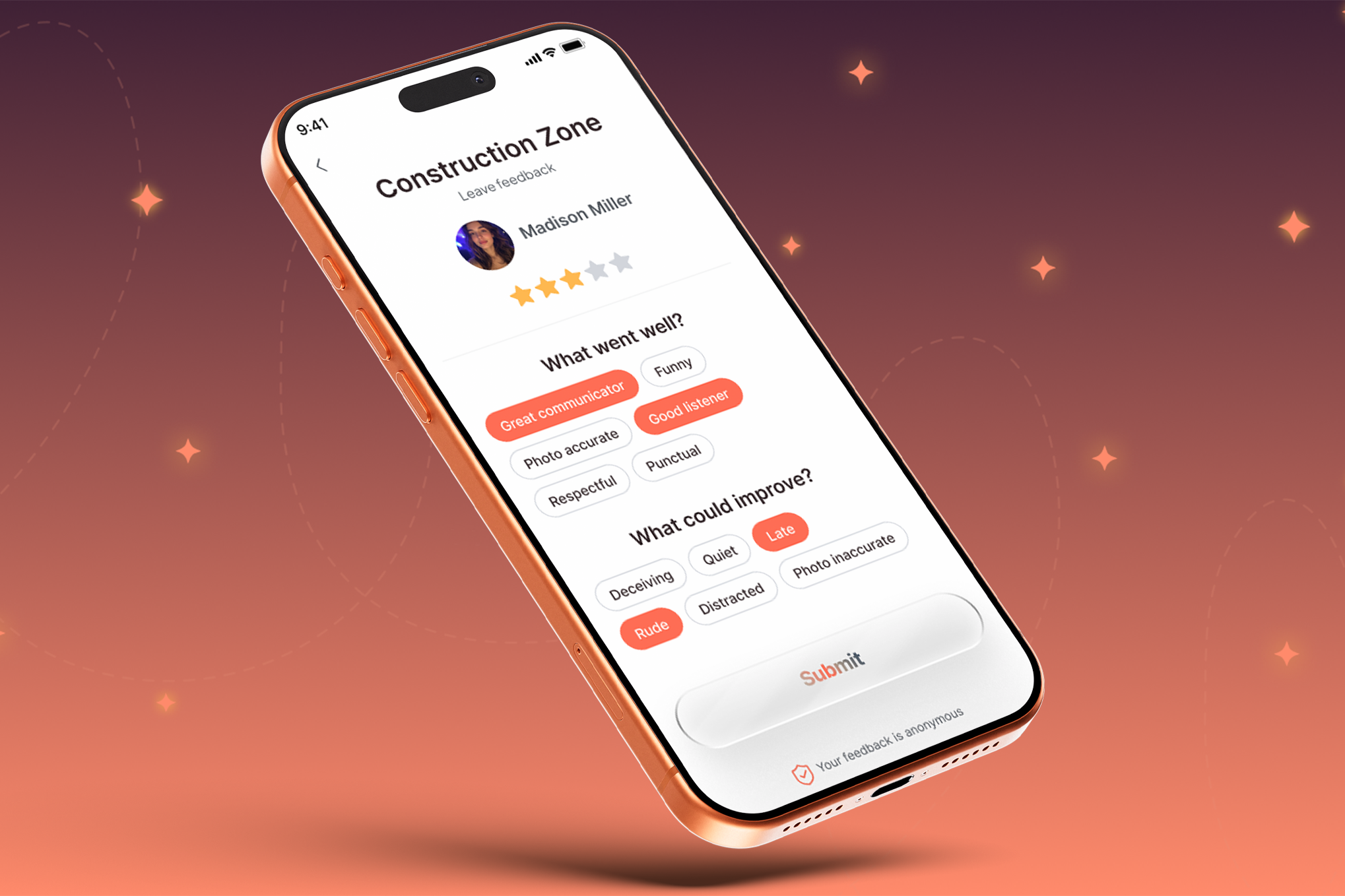 Smartphone screen displays a construction zone feedback app with star rating, tags, and submit button.