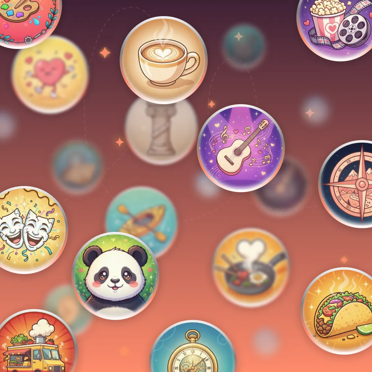 Illustrated icons of coffee, guitar, panda, food truck, compass, and taco on a blurred orange background.