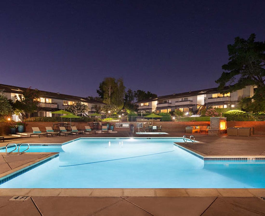Swimming pool and spa at night