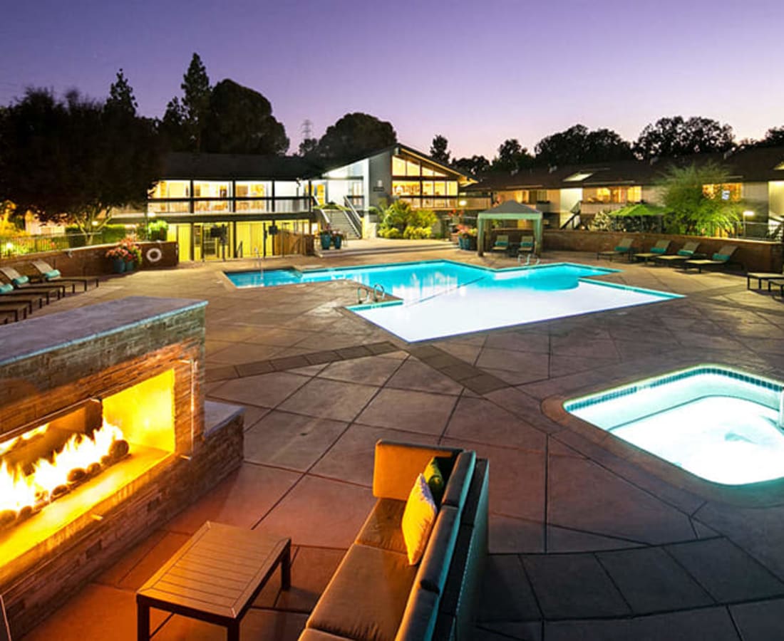 Swimming pool and spa at night