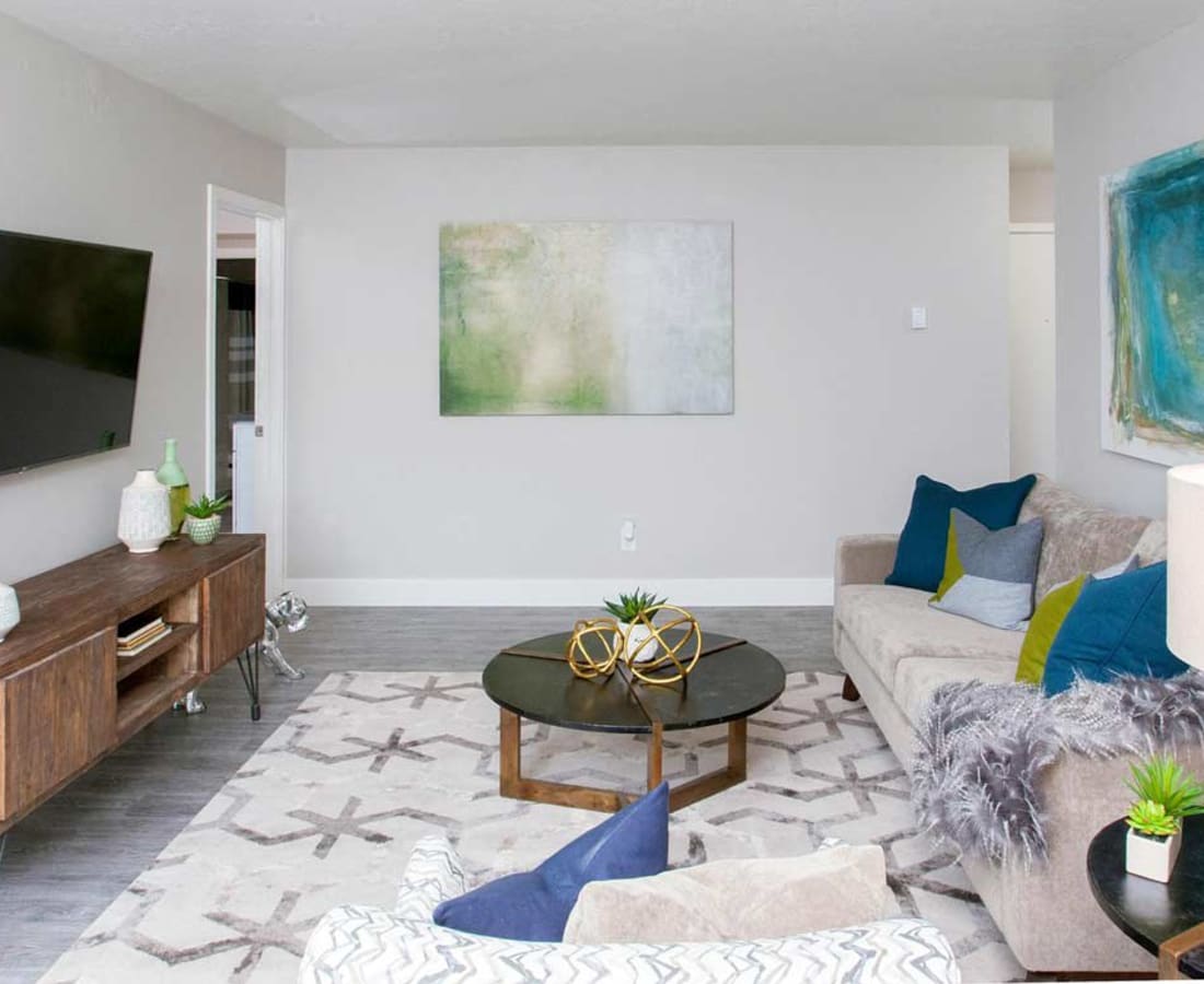 Living area with sofa, tv, and coffee table
