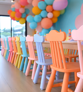 Colorful children's chairs lined up at a table with pastel balloon decorations in the background.