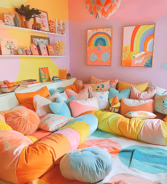 Cozy corner with colorful rainbow-themed pillows, plush cushions, and wall art in a pastel-toned room.