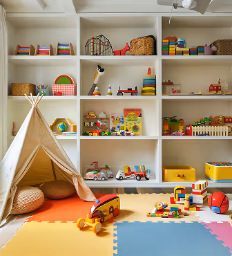 Colorful children's playroom with white shelves filled with toys and books, a small teepee tent, and a multicolored foam mat on the floor.