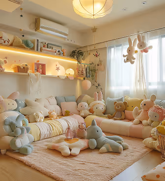 Cozy children's playroom with pastel-colored stuffed animals, plush cushions, a soft rug, and a window with sheer curtains.
