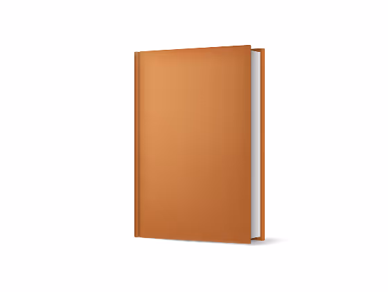 Closed brown hardcover book standing upright with a slight shadow.