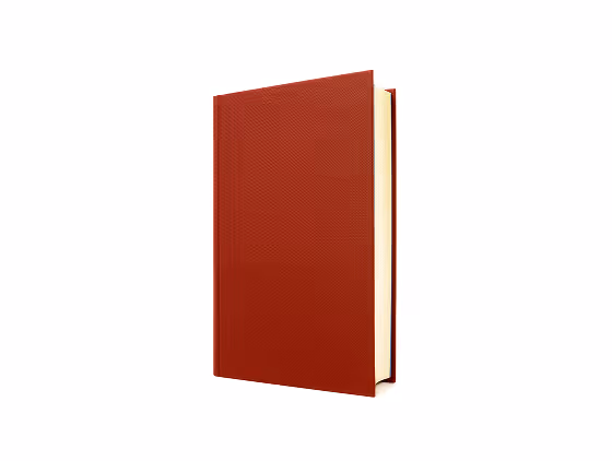 Closed hardcover book with a textured red cover standing upright on a white background.