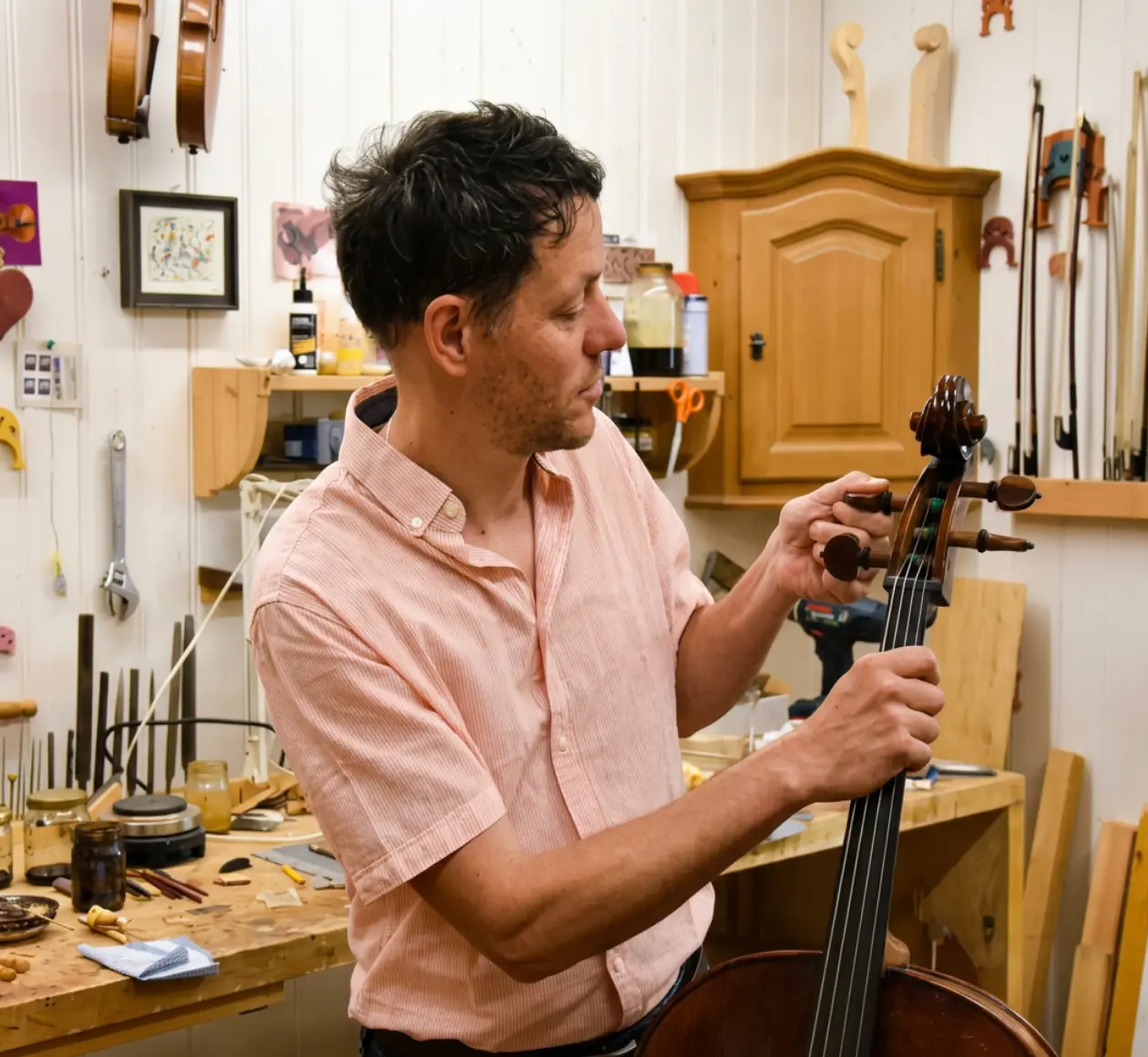Geigenbauer stimmt ein Cello im Atelier