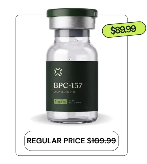 BPC-157 vial showing member price of $89.99 compared with regular price of $109.99
