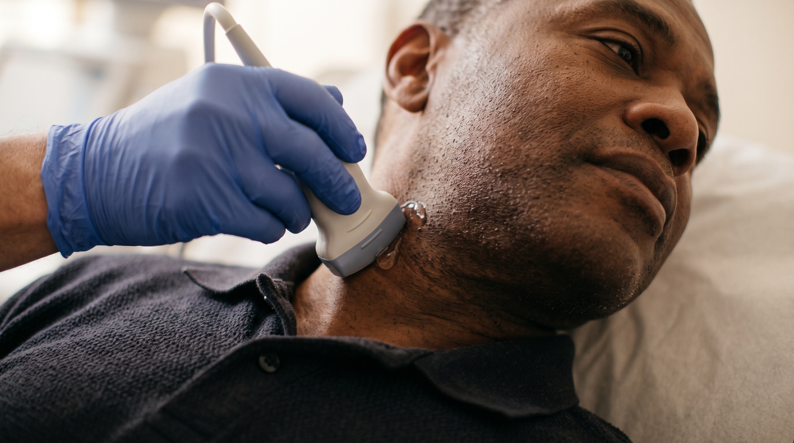Close-up of a gloved hand holding an ultrasound transducer against a patient's neck during a CIMT scan