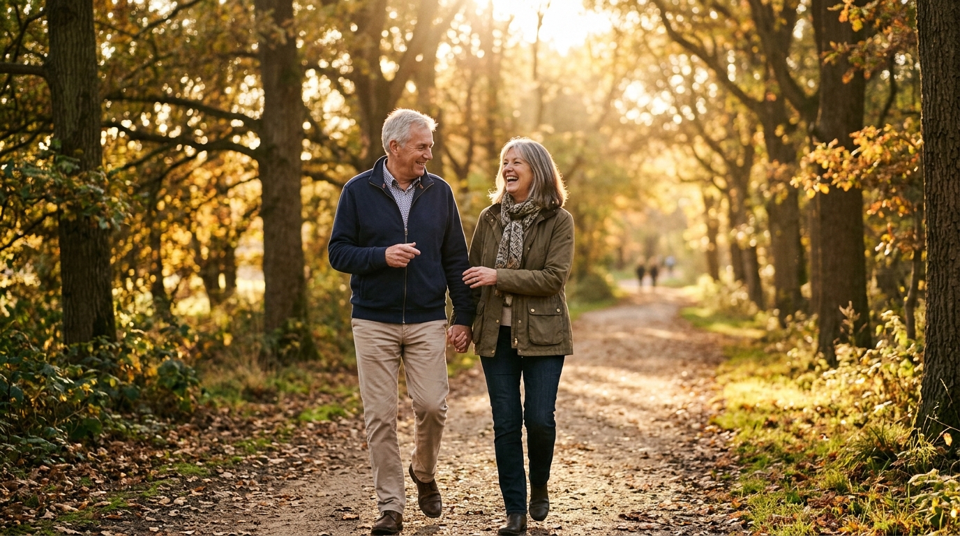 A couple walking together on a tree-lined path