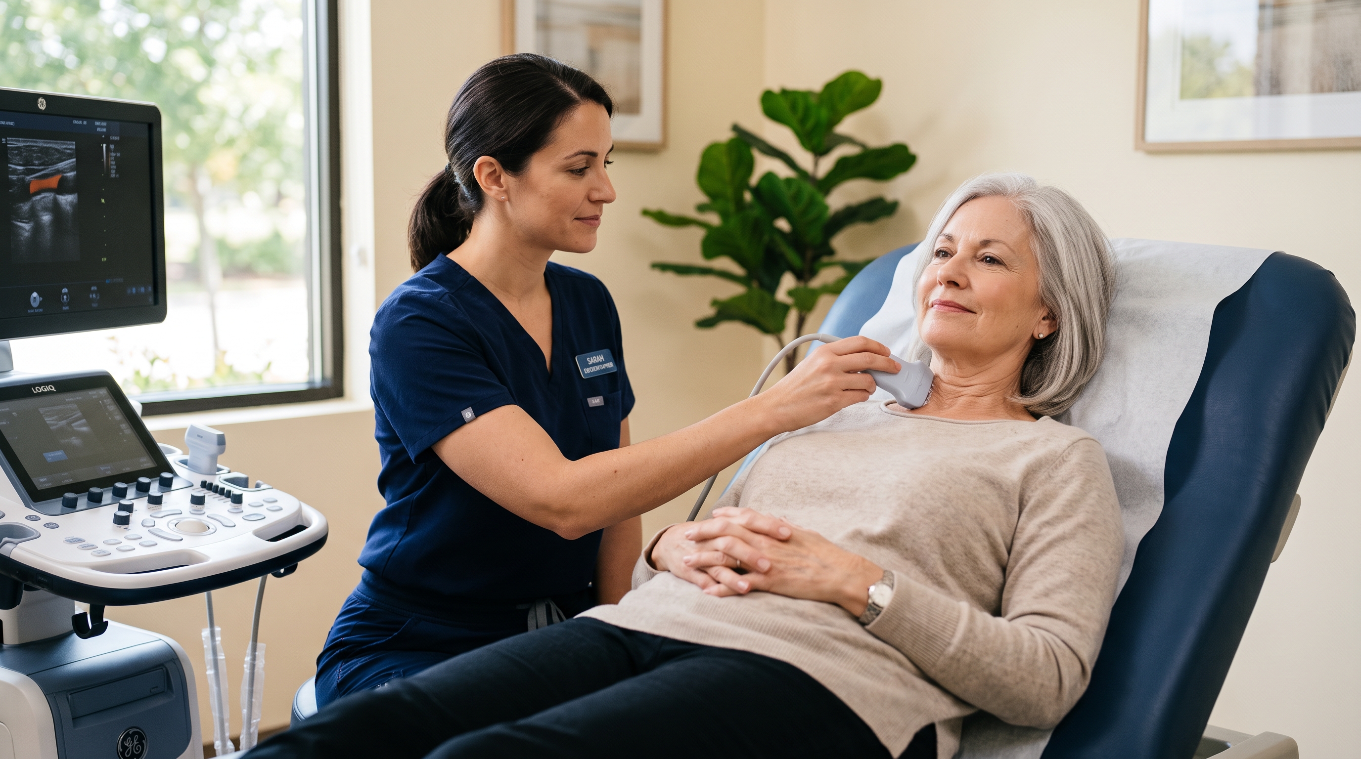 A CardioRisk sonographer performing a carotid ultrasound scan on a seated patient