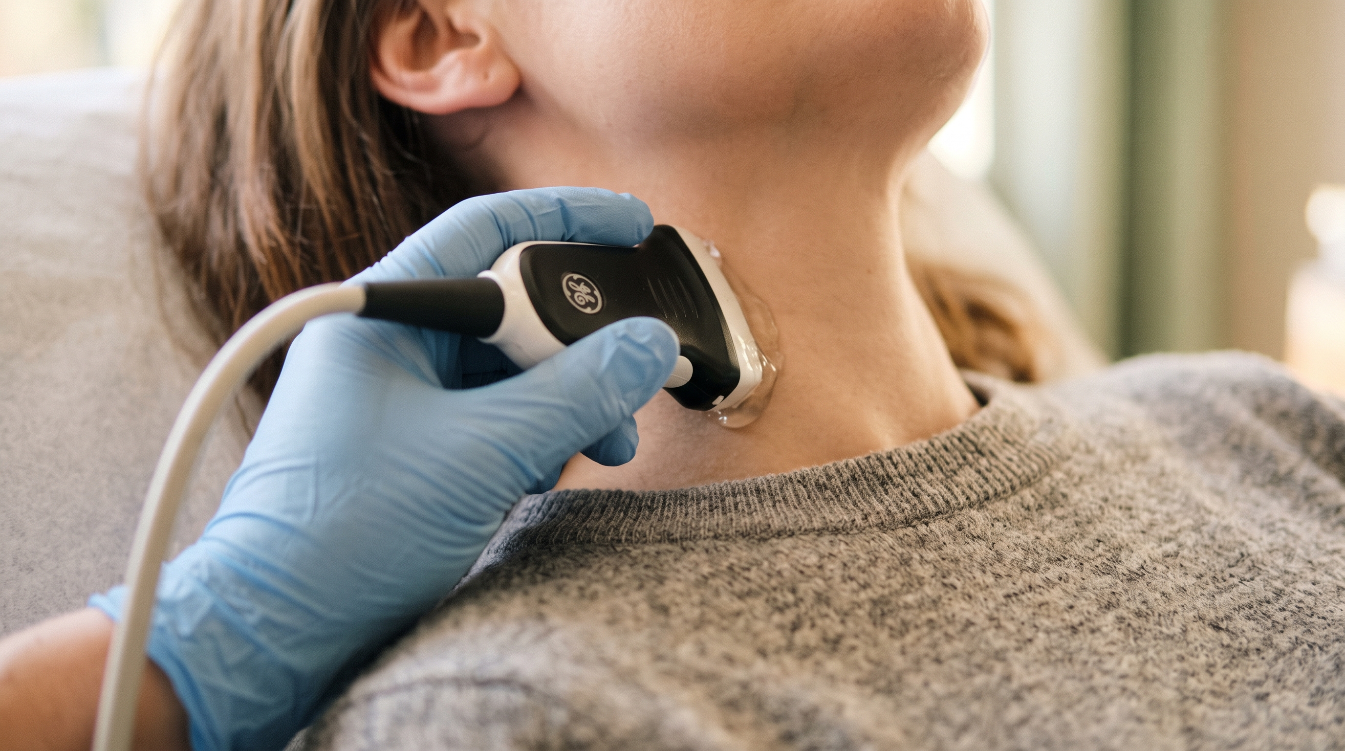 A sonographer holding an ultrasound transducer against a patient's neck during a CIMT measurement
