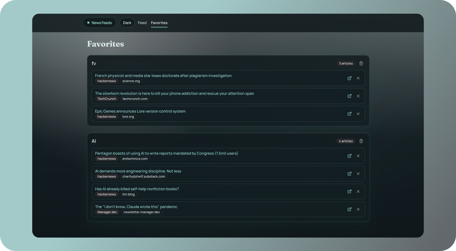 News agent interface, favorites page