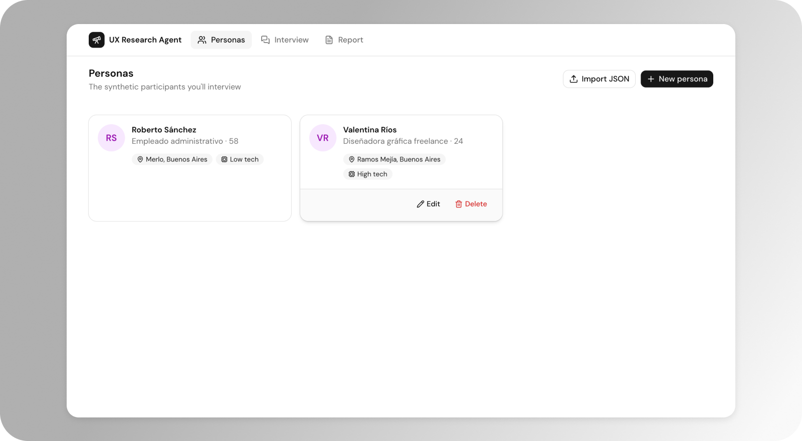 Research agent interface, user personas