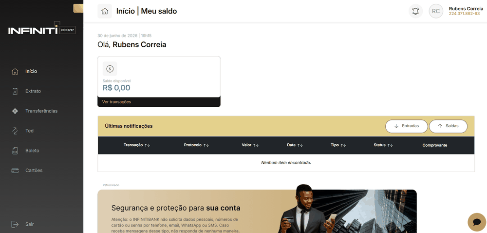 Plataforma Infiniti Corp para o premiado: saldo, extrato, cartoes e transferencias