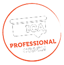Round ICA Professional Coach badge with white background and red text accent.