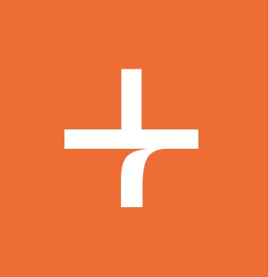 White plus-shaped logo on orange background