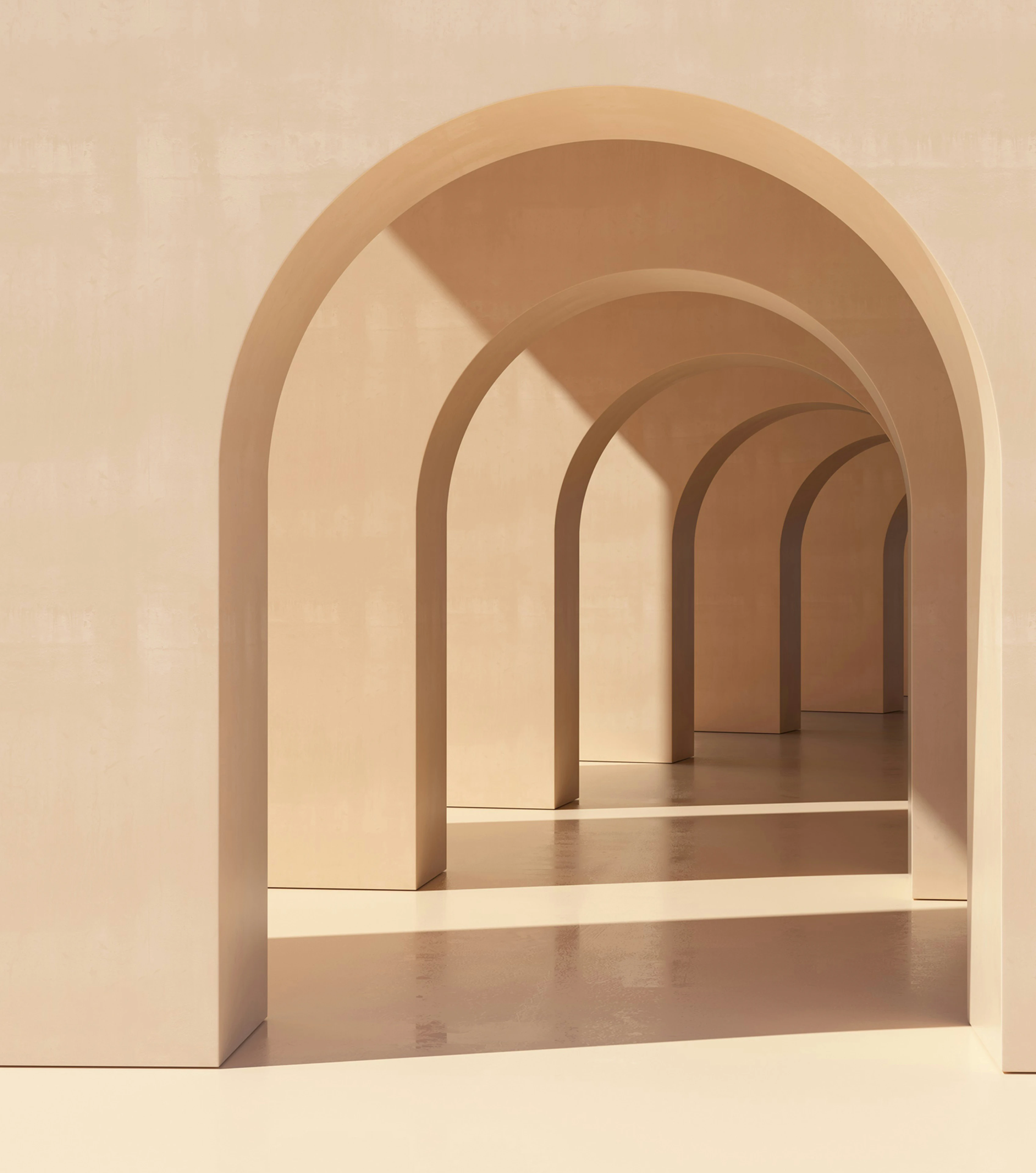Minimalist beige arches casting long shadows on polished floor in soft natural light.