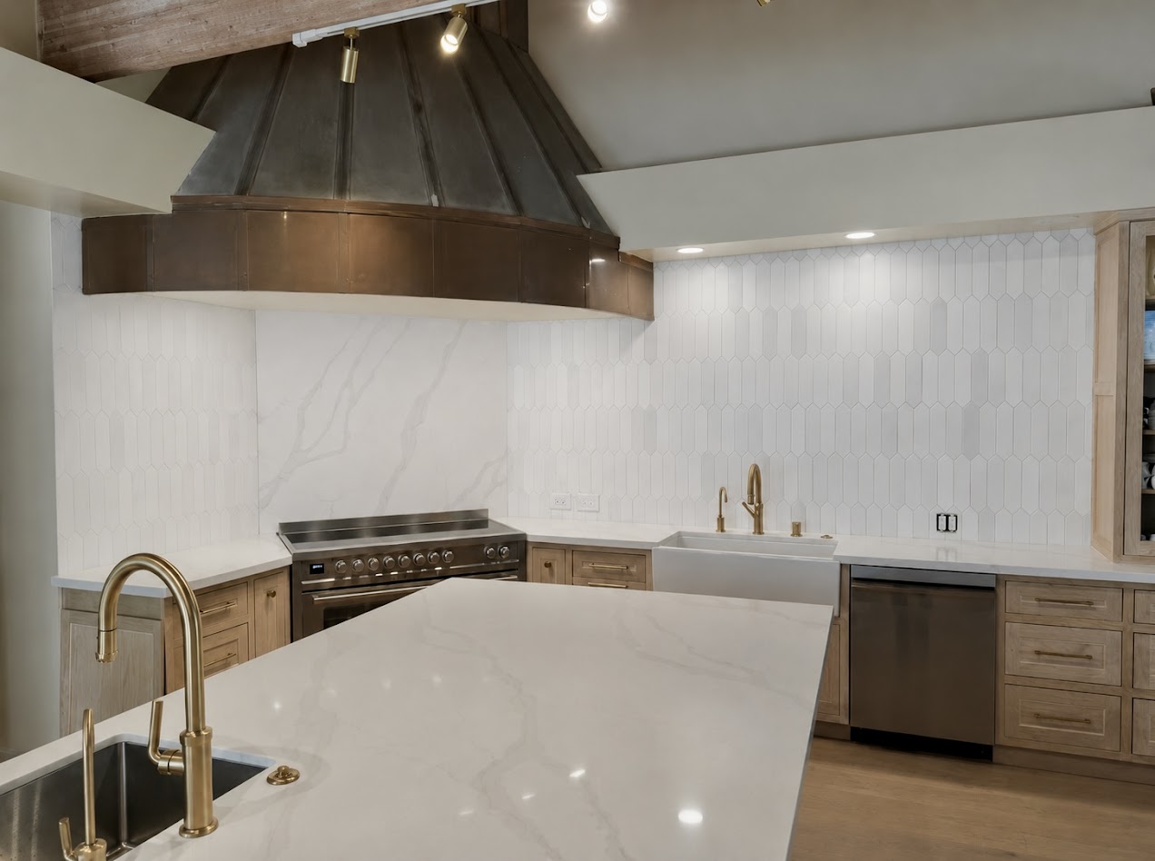 Luxury kitchen remodel with marble island and gold fixtures, La Canada Los Angeles County
