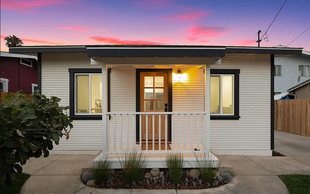 Exterior renovation of single-story home with covered front porch, Los Angeles County