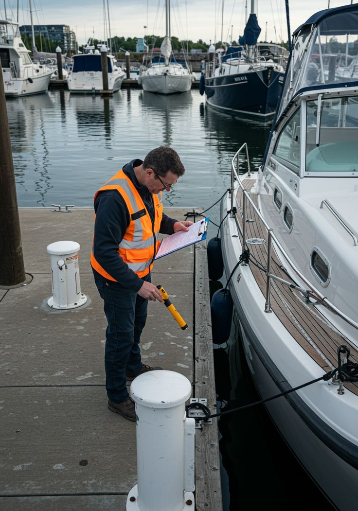 A marine surveyor in a hi-vis vest making notes on a clipboard and holding a moisture meter while inspecting a white cabin cruiser berthed at a marina.