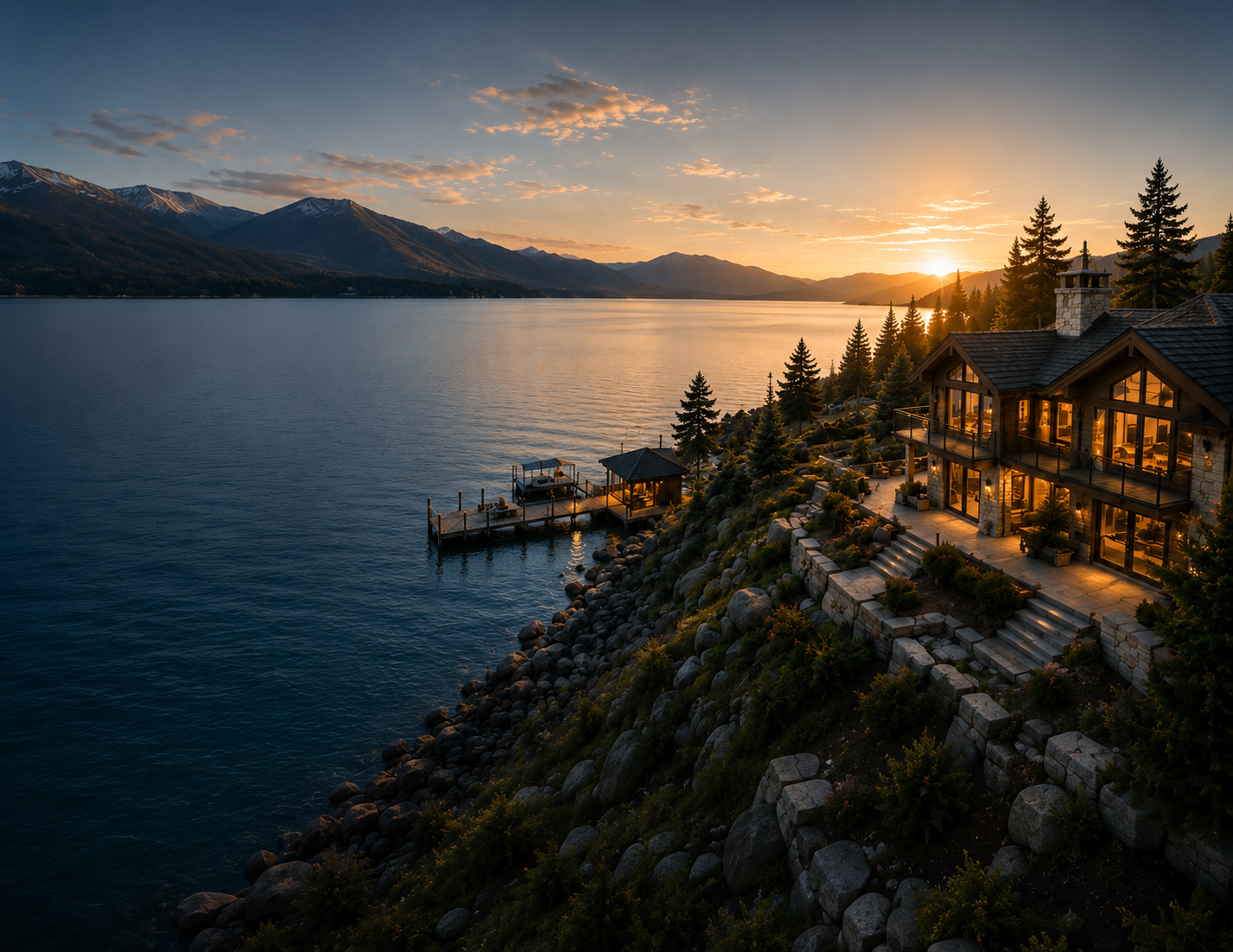 Sunset over lake with mountains, a rocky shore, and a lit house with a dock on the right.