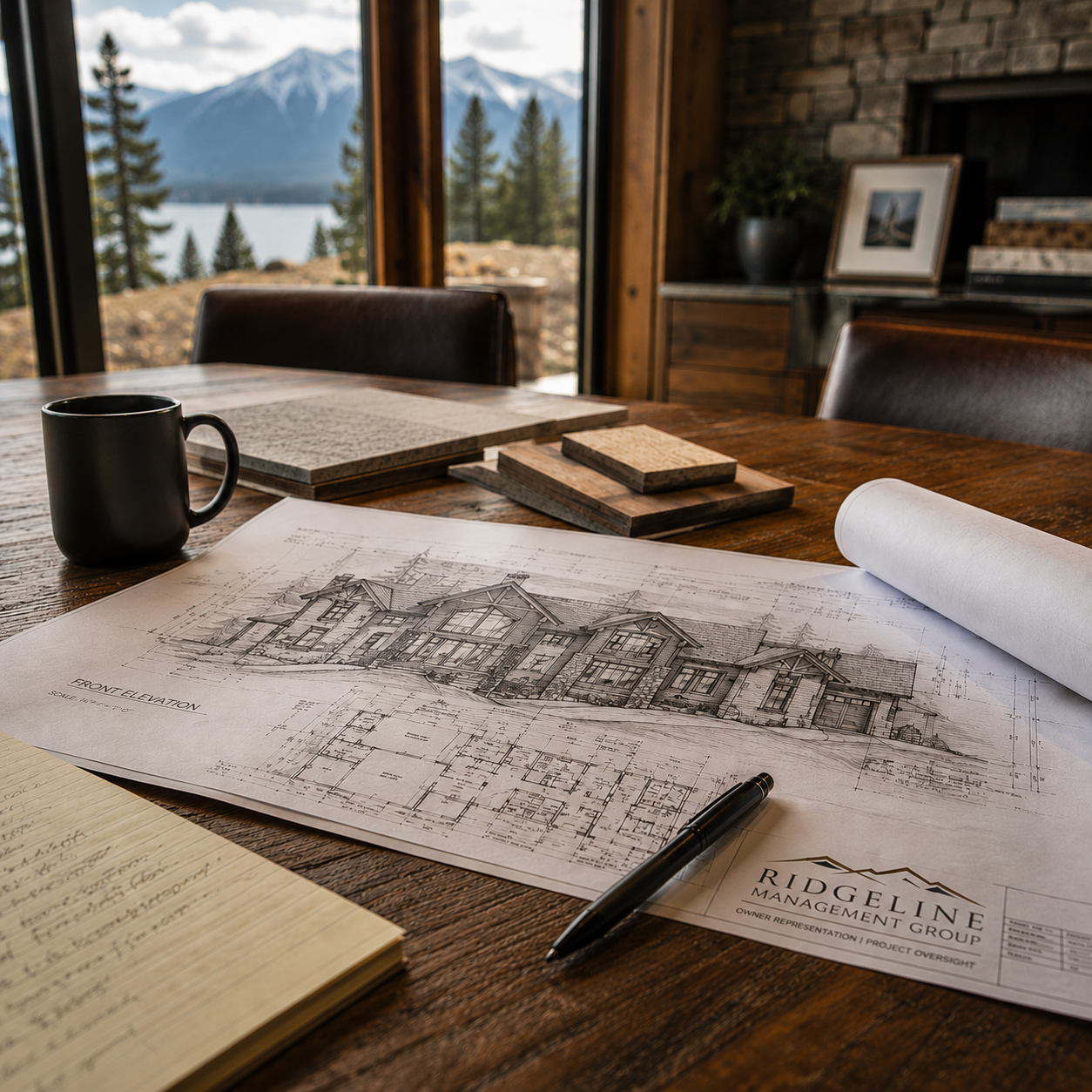 Architectural house blueprints and wood samples on a table with mountain views through the window.
