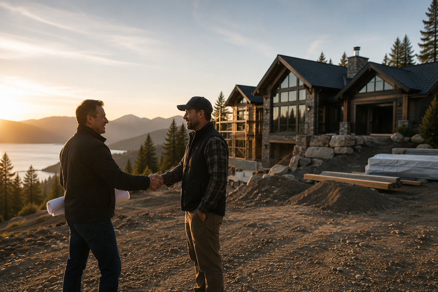 Two men shaking hands outdoors near a large house under construction at sunset by a lake.
