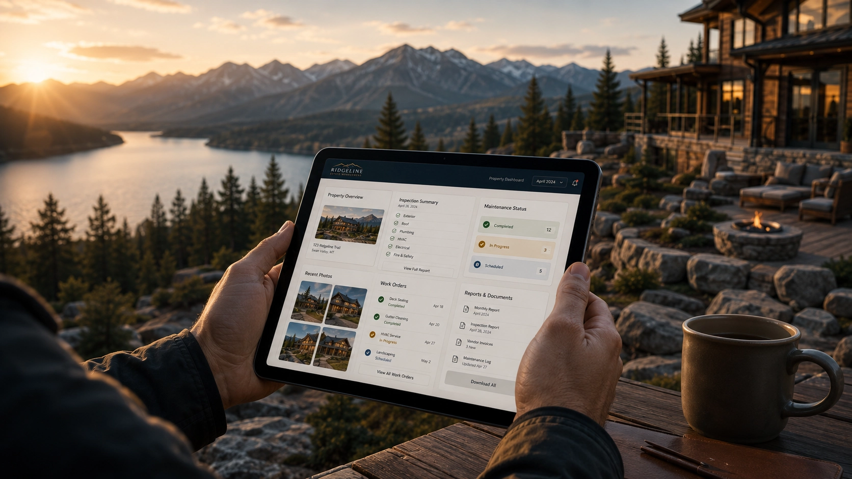 Person holding tablet showing property maintenance dashboard with lake, mountains, and cabin at sunset.