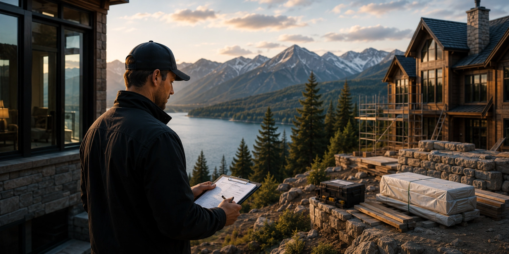 Man with clipboard overlooking lakeside house under construction with mountains and trees at sunset.