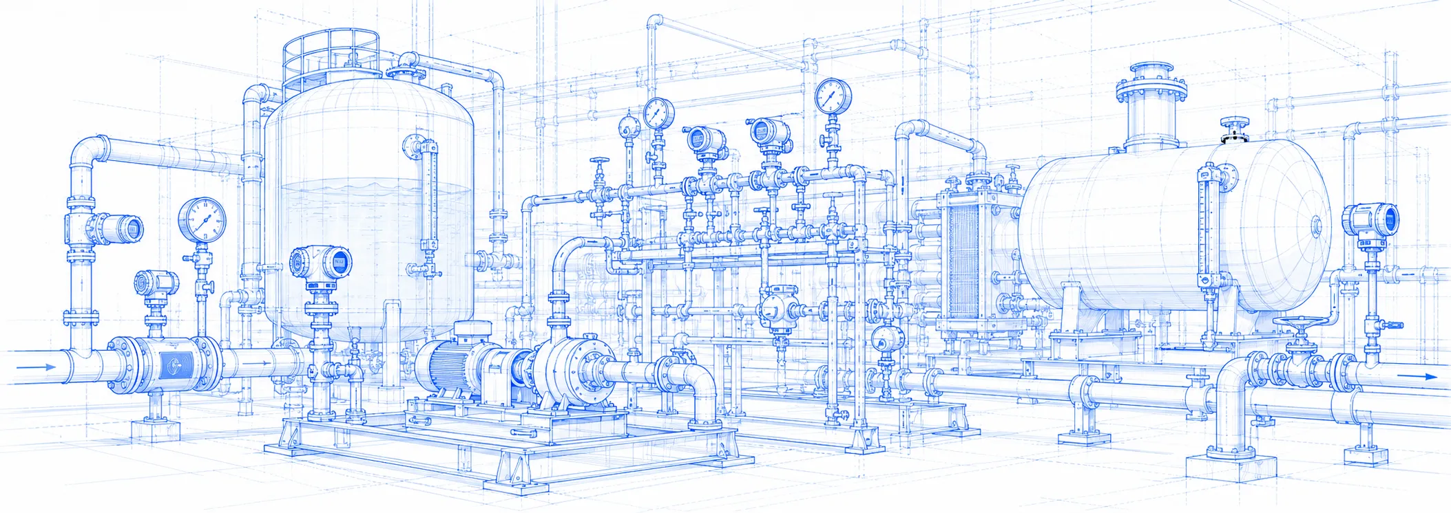Blueprint schematic of a process skid with pumps, a heat exchanger, storage vessels and pressure instrumentation