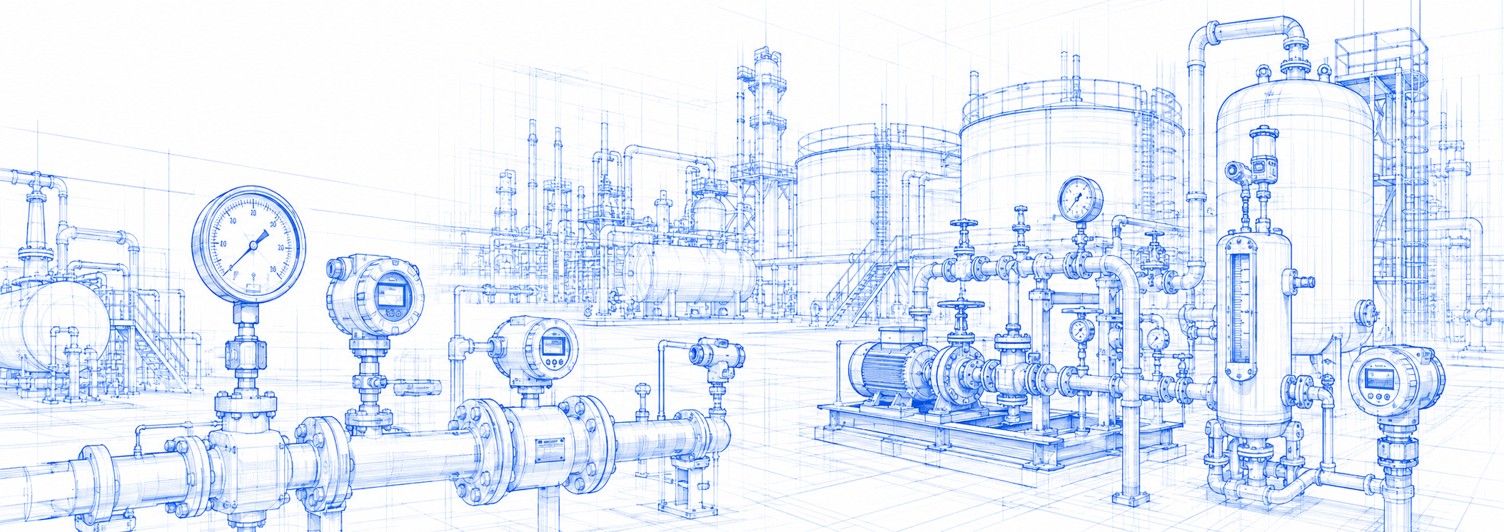 Blueprint schematic of process plant with an instrumented pipeline, pressure gauges, transmitters and pump sets
