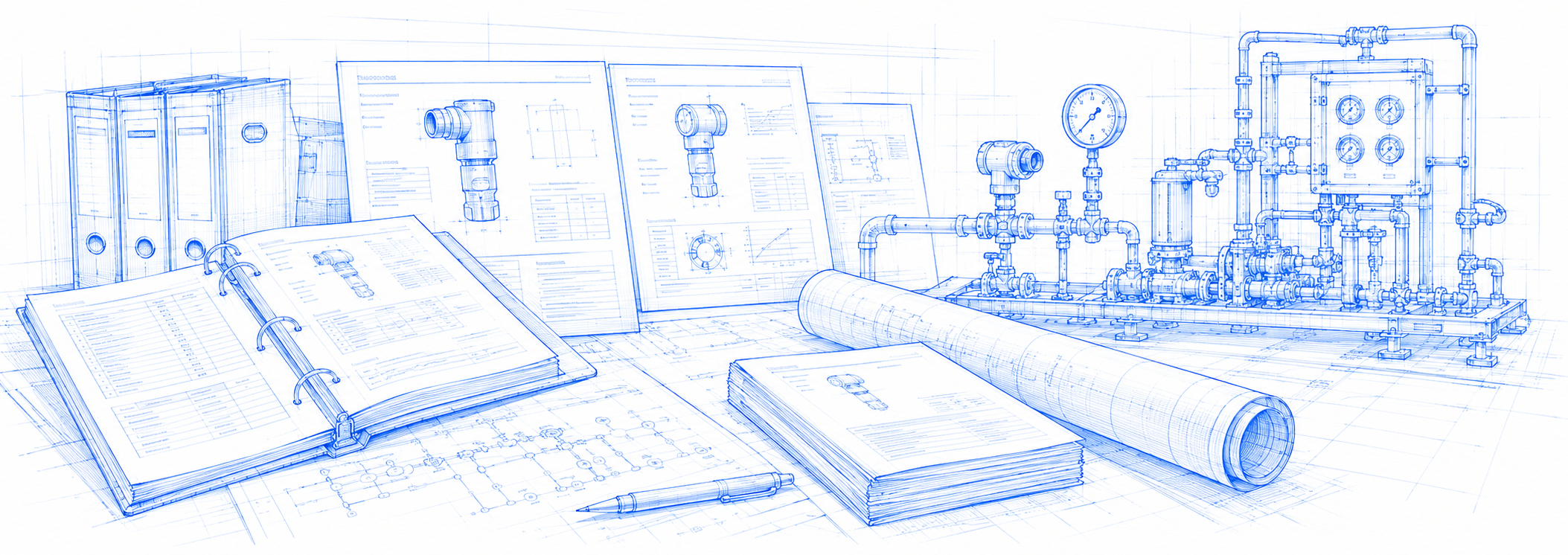 Blueprint schematic of product datasheets, binders and rolled technical drawings beside process plant