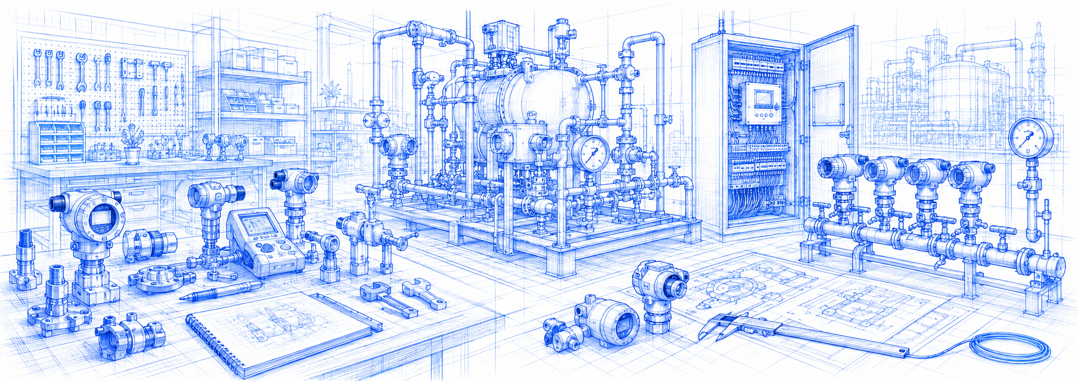 Blueprint schematic of an instrumentation workshop with transmitters, a process skid and a control panel
