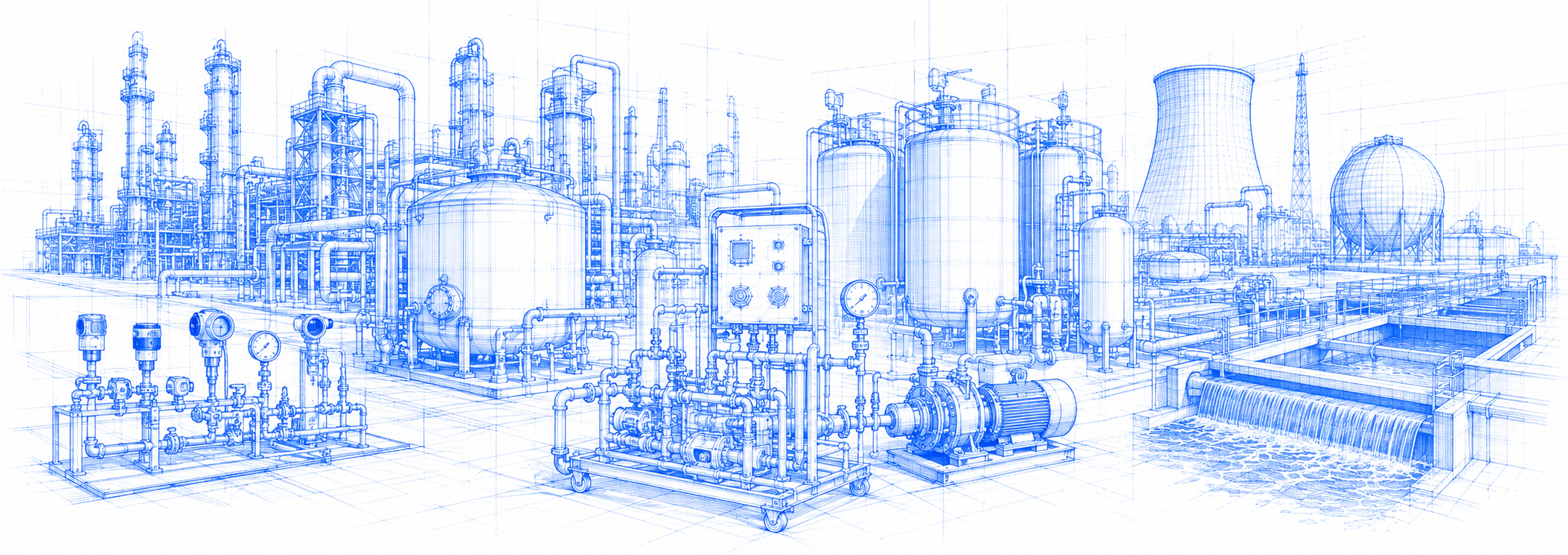 Blueprint schematic spanning industry sectors: refinery columns, storage tanks, a cooling tower and a water treatment clarifier