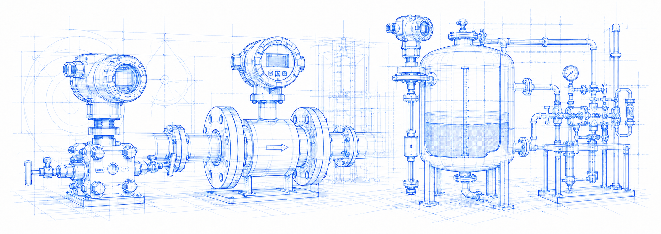 Blueprint schematic of pressure transmitters, an inline flow meter and a level vessel with sight glass