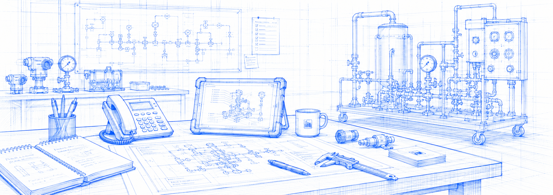 Blueprint schematic of an engineering desk with telephone, tablet, drawings and calipers beside a process skid