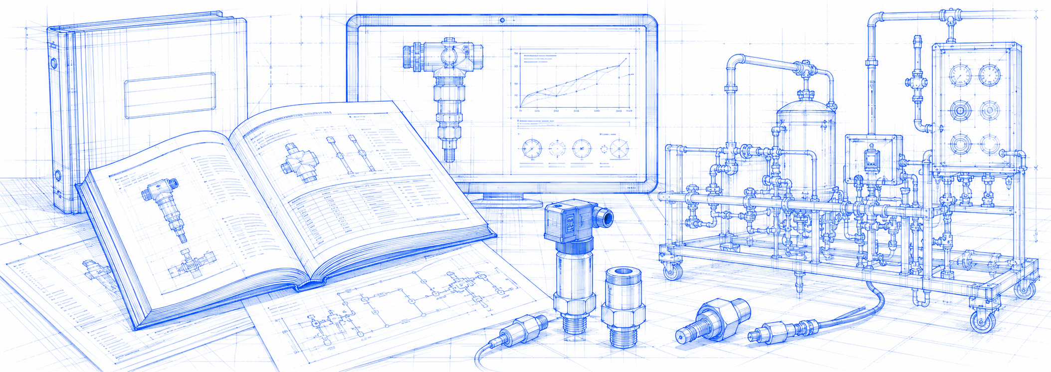 Blueprint schematic of an open technical manual and reference charts beside process instrumentation
