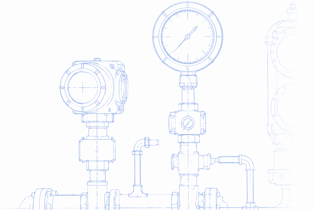 Blueprint sketch of a pressure transmitter, gauge and valve manifold on an instrumented process line