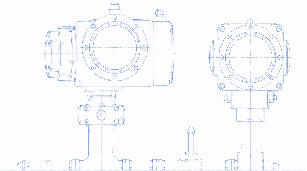 Blueprint sketch of two electromagnetic flow meters installed on a pipeline