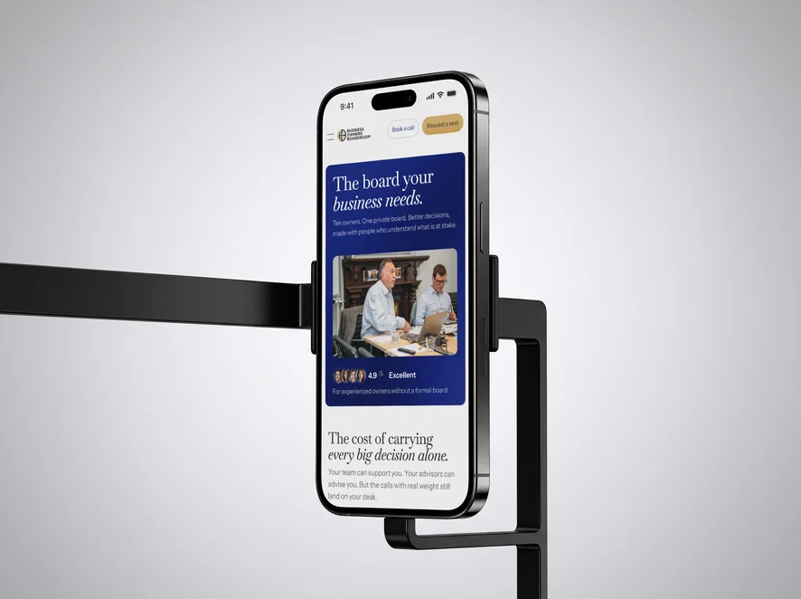 Mobile phone showing a client landing page