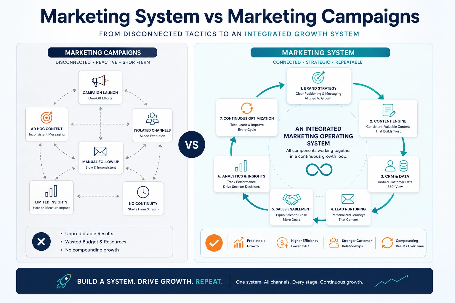 Professional infographic about marketing system vs marketing campaigns