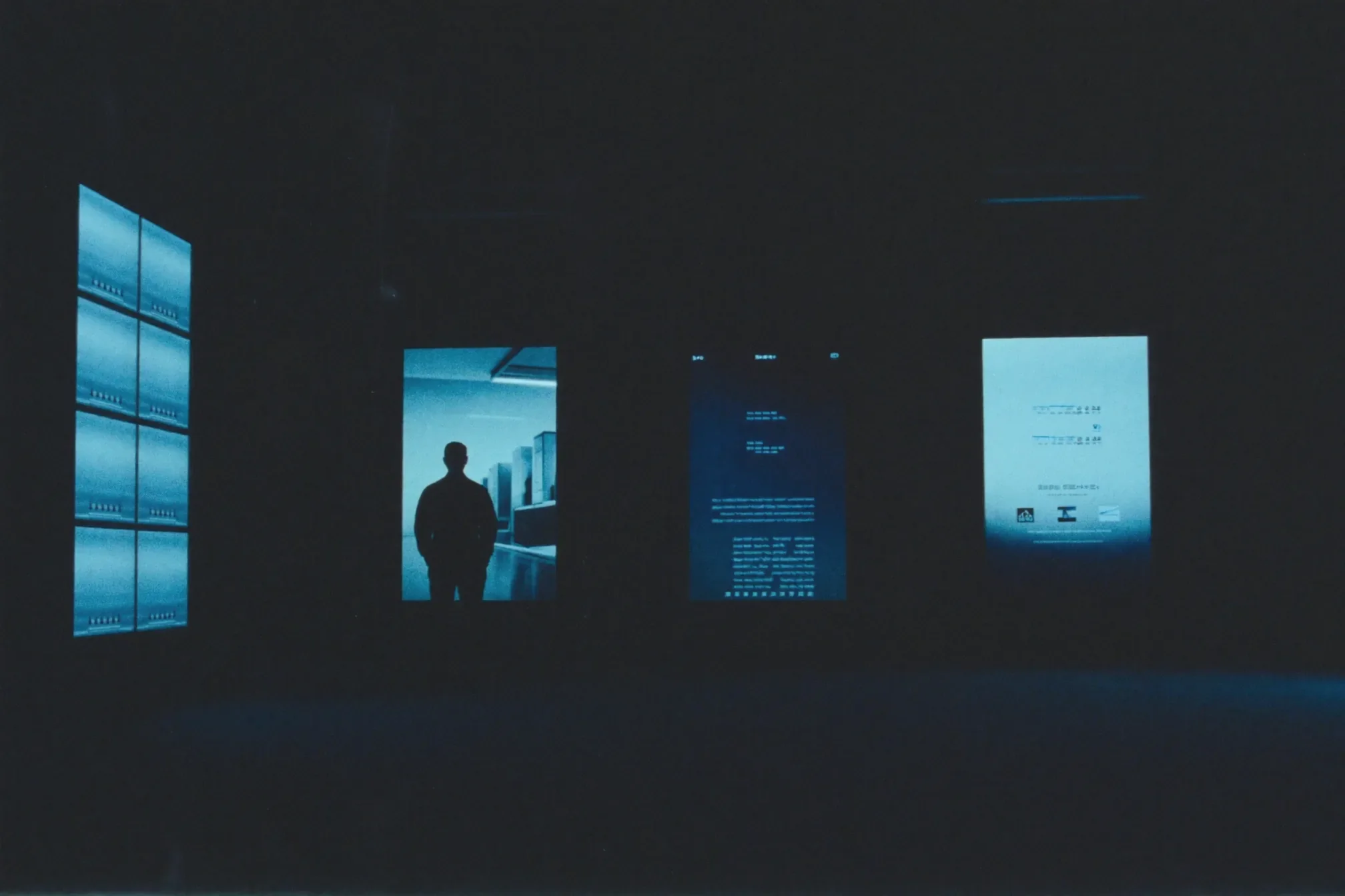 Professional amid a dark high-tech environment with ambient blue glow