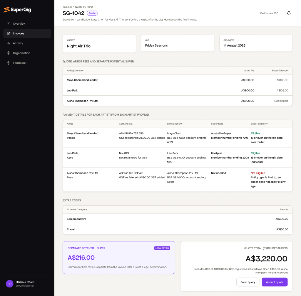 SuperGig quote and superannuation breakdown interface