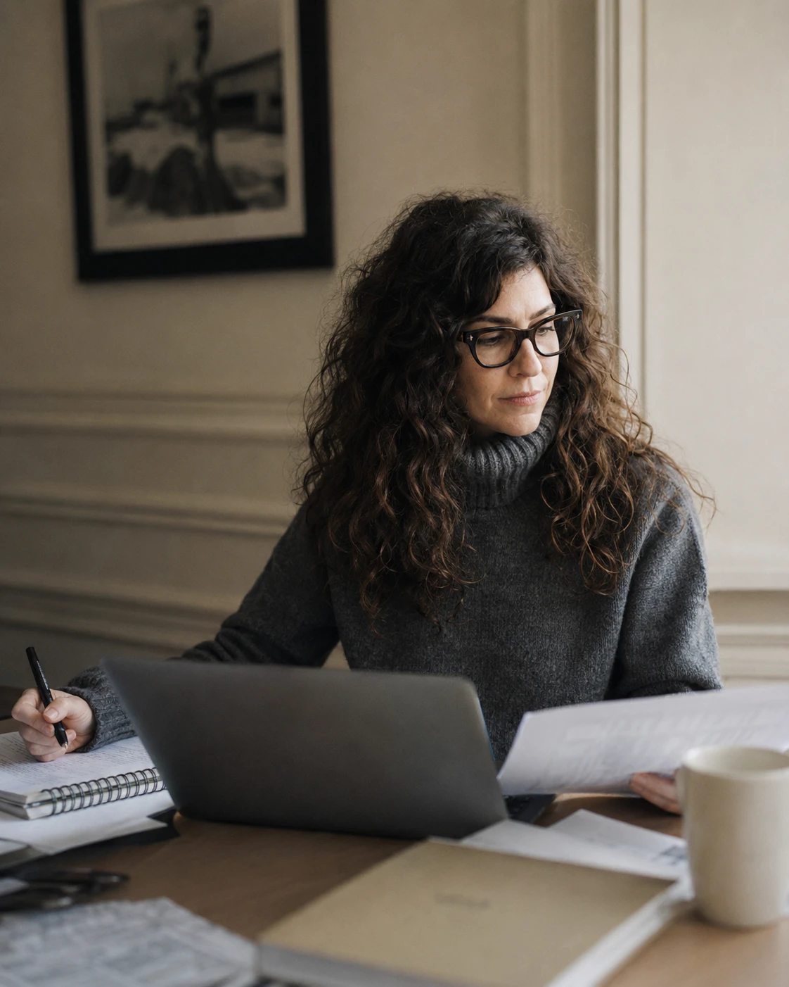 Jessica Del Grande, founder, sitting at a desk in a Paris flat. She has a laptop in front of her and a notebook beside her, and she is looking intently at a document that she holds in her hand.