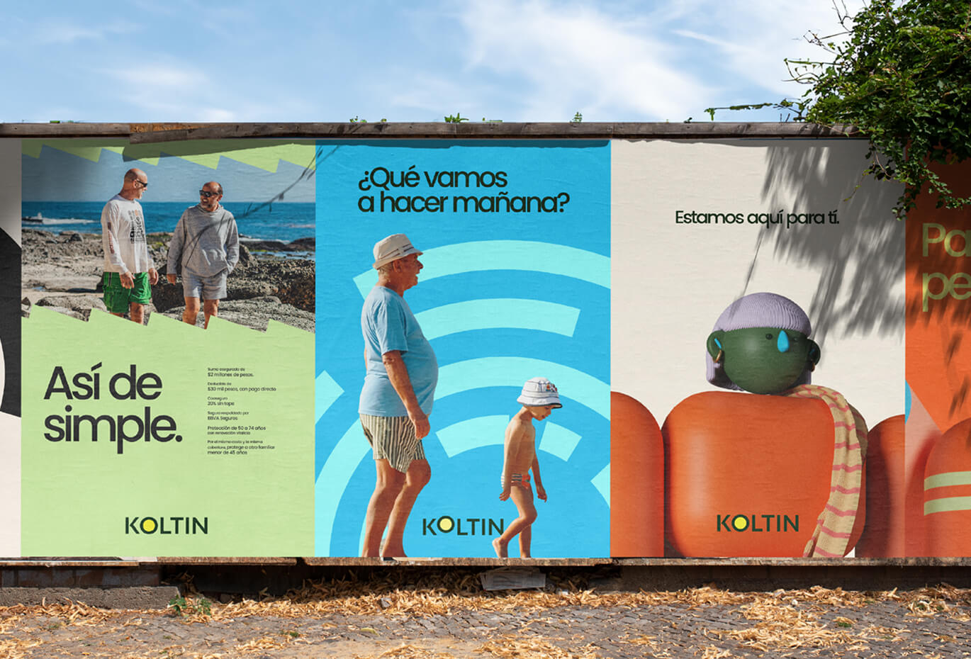 Outdoor advertising campaign for Koltin displayed on large street billboards, featuring colorful lifestyle photography, bold Spanish messaging, playful product imagery, and a clean brand communication system created by Lunalunares Studio.