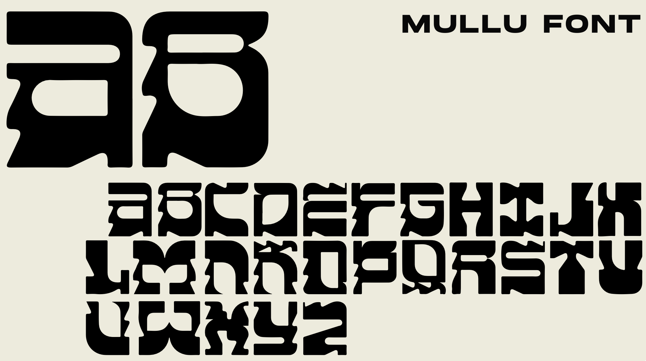 Custom Mullu Font alphabet designed by Lunalunares for the Mullu branding project, showing bold experimental letterforms and a distinctive visual identity system.