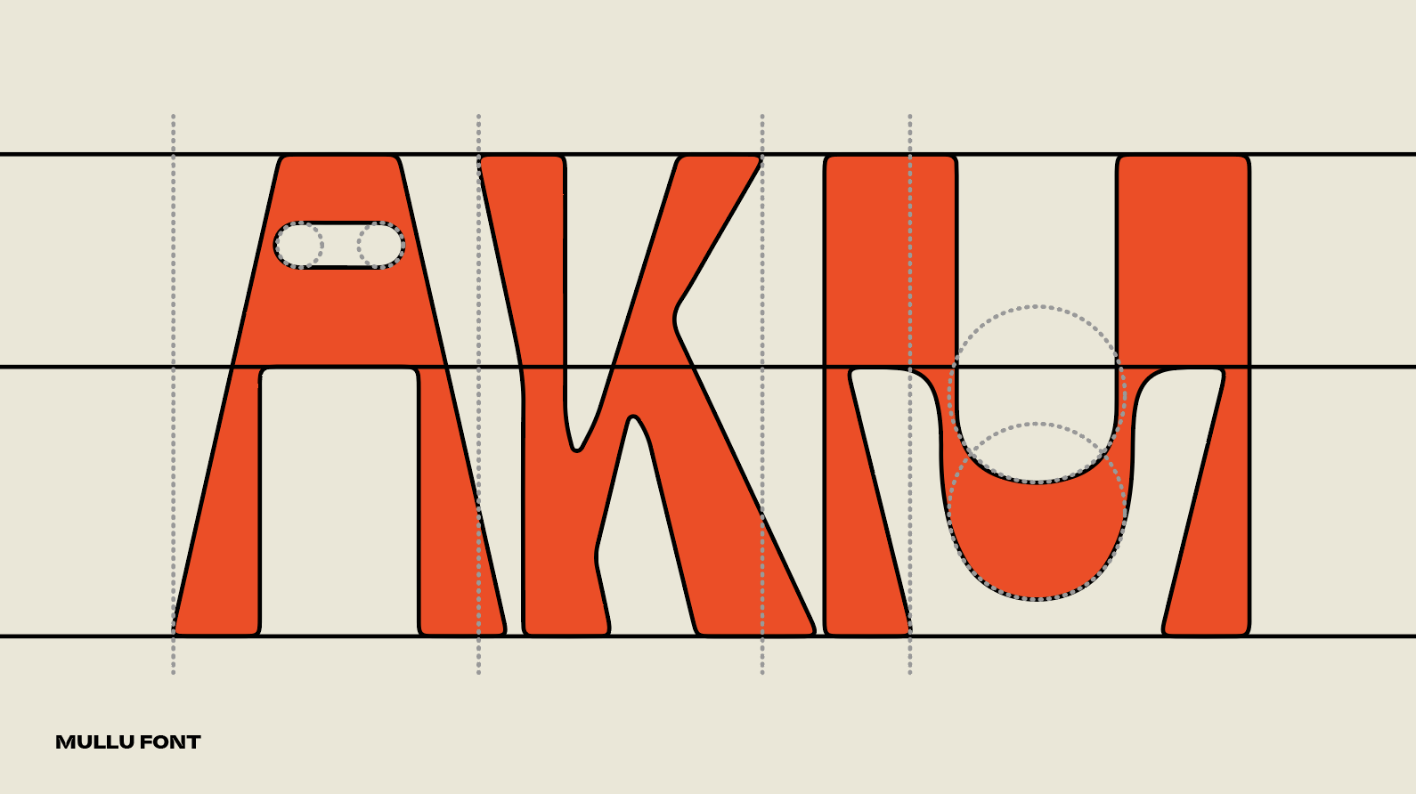 Typeface construction detail for the Mullu branding project by Lunalunares, showing orange custom letterforms, geometric guides, baseline structure, and typographic design process.