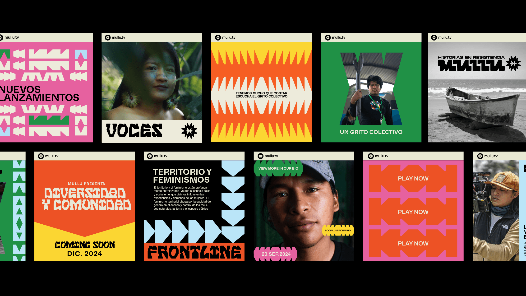 Social media grid for the Mullu branding project by Lunalunares, showing a colorful content system with custom typography, documentary photography, graphic patterns, and digital campaign layouts.